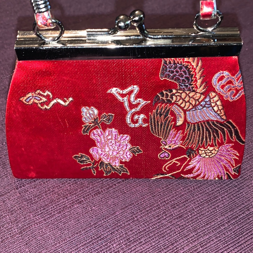 Asian Mini Red Silk Golden Dragon Snap Button Purse 4”H x 2”W x 5.5” L - Picture 12 of 13